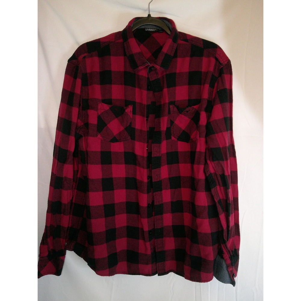 Livergy Men Red Black Buffalo Plaid Long‎ Sleeve Flannel Shirt Casual Button Up